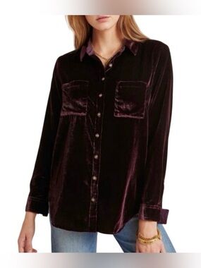Maeve Velvet Button-Down Shirt in Deep Plum